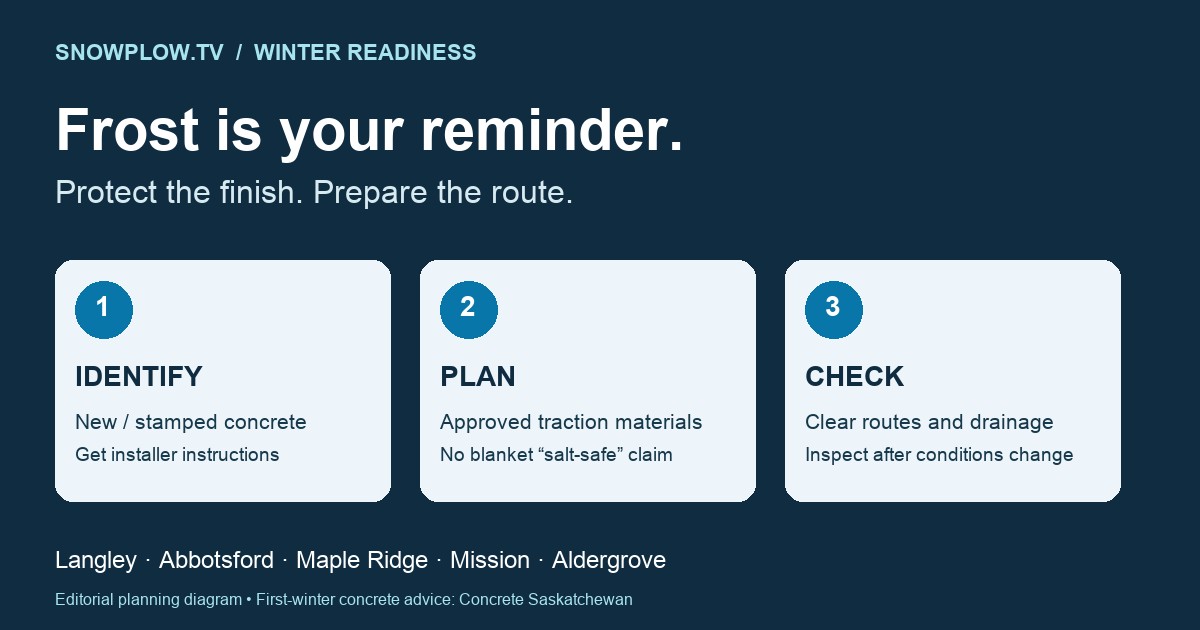 Snowplow.tv planning diagram showing concrete identification, approved traction materials and repeat route inspections